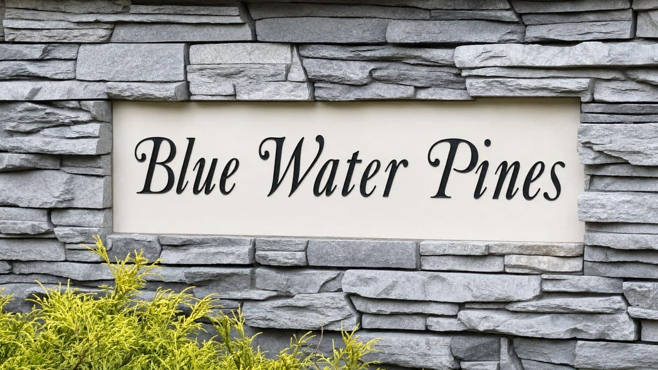 Community entrance sign for Blue Water Pines