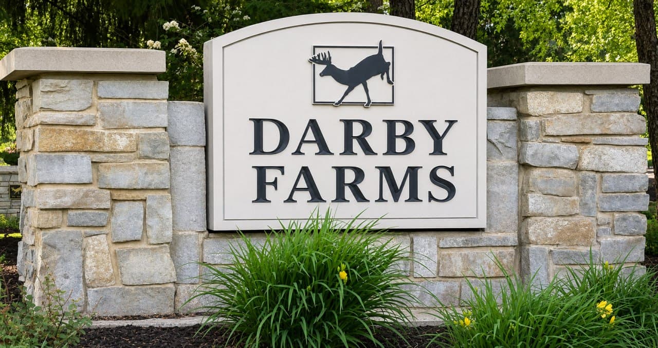 Community entrance sign for Darby Farms
