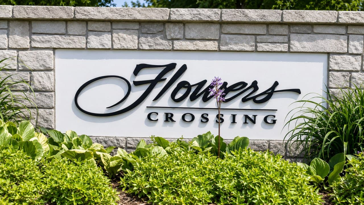 Community entrance sign for Flowers Crossing