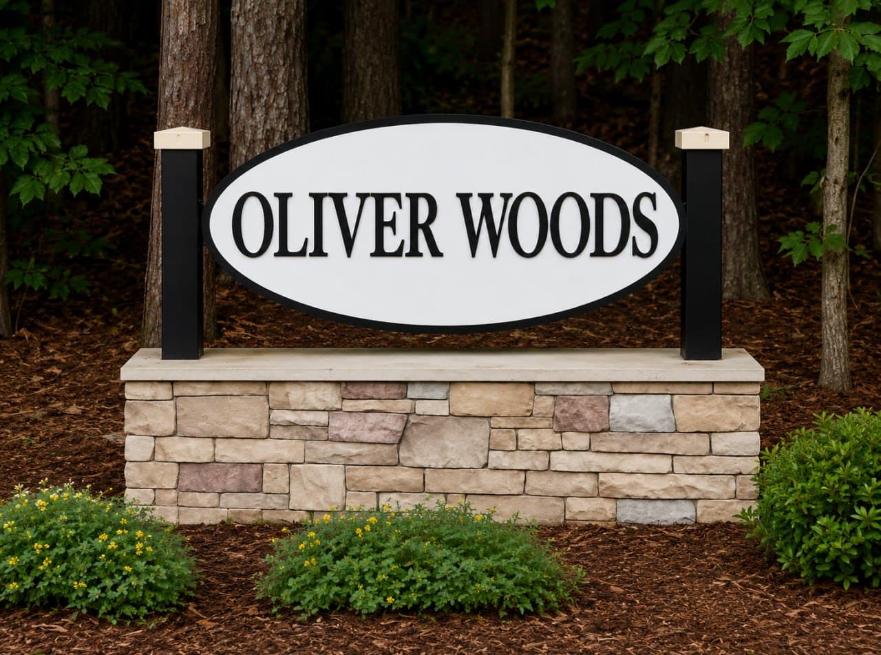 Community entrance sign for Oliver Woods