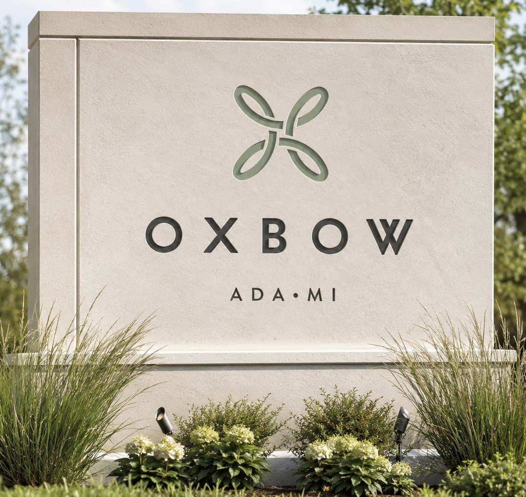 Community entrance sign for Oxbow