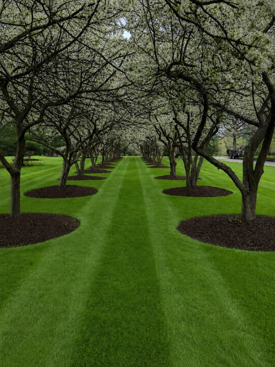 Vertical view down a crabapple allee — canopy of white blossoms framing a perfectly striped lawn path.