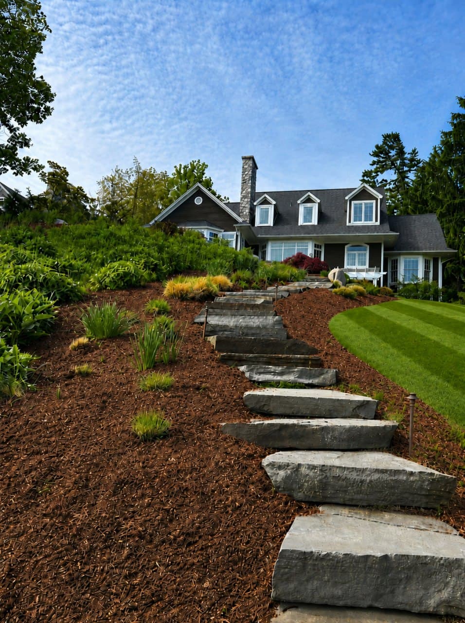 Woodland spa basin with stone steps rising past a shingled estate.