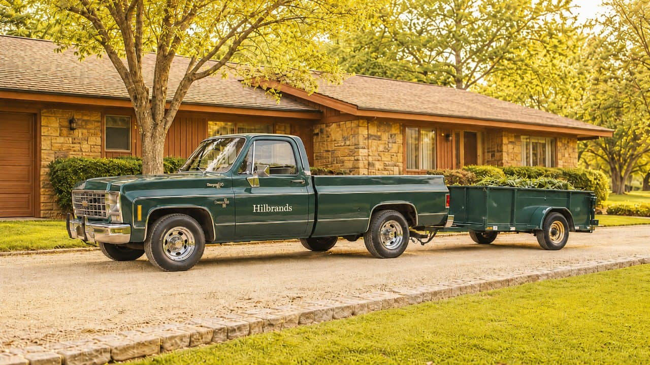 A vintage dark-green Hilbrands pickup truck with a trailer of plants, parked in front of a stone-and-cedar ranch home in warm golden light